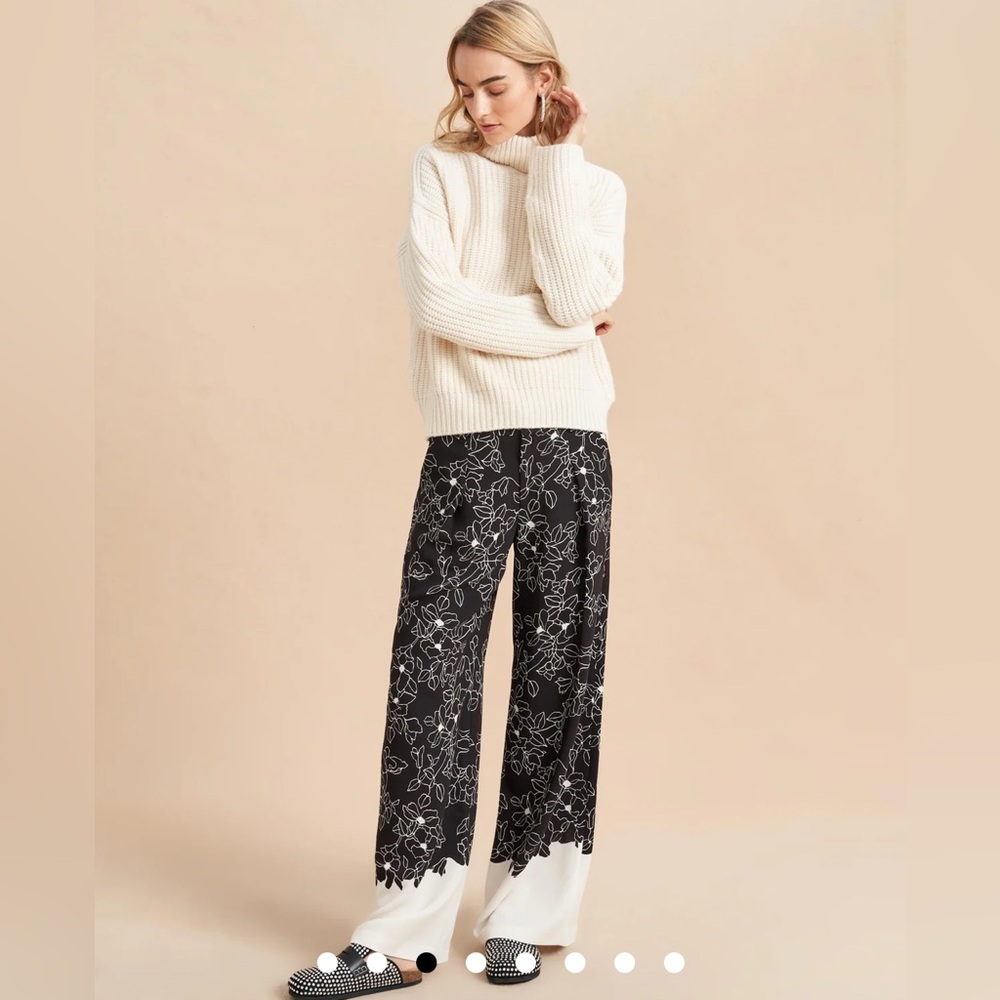 La Ligne Black Floral Wide-Leg Pants with White Hem